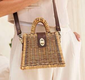 Rattan Box Bag Genuine Cowhide Leather Crossbody Structured Resort Boho Neutral